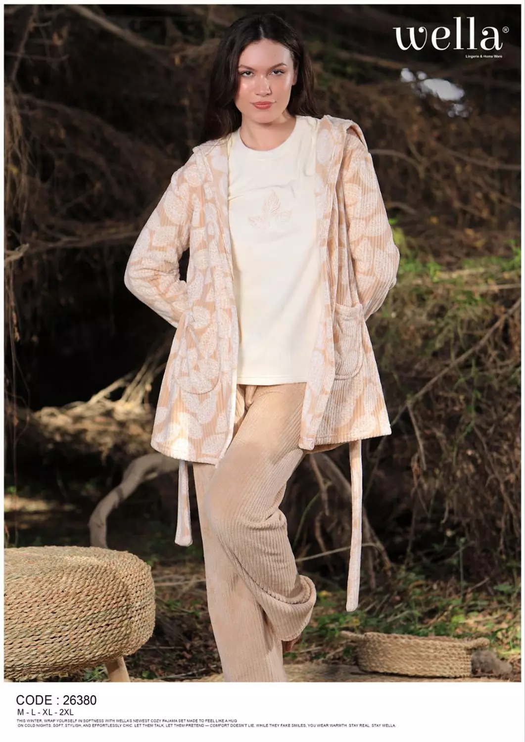 Brown & Off-White Three-Piece Pajama Set image