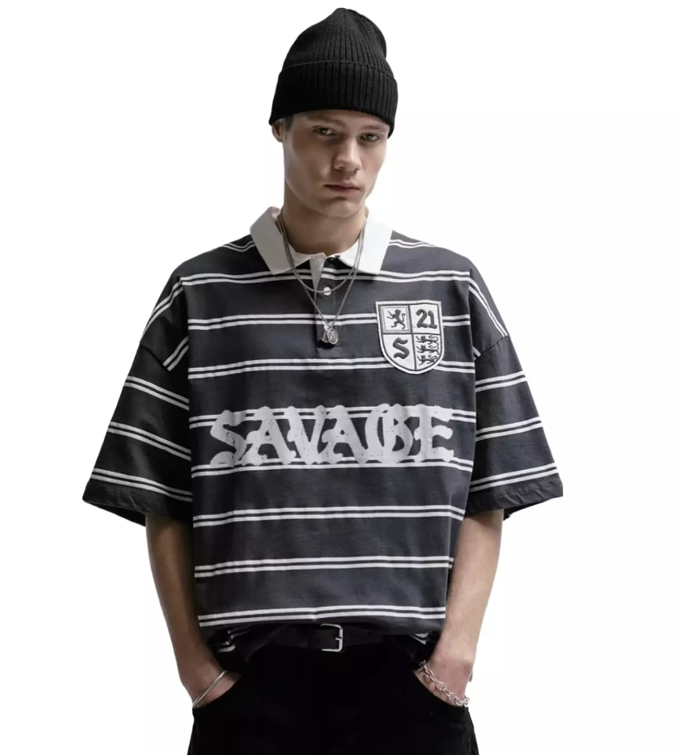 PULL&BEAR 21 SAVAGE STRIPED POLO T-SHIRT image
