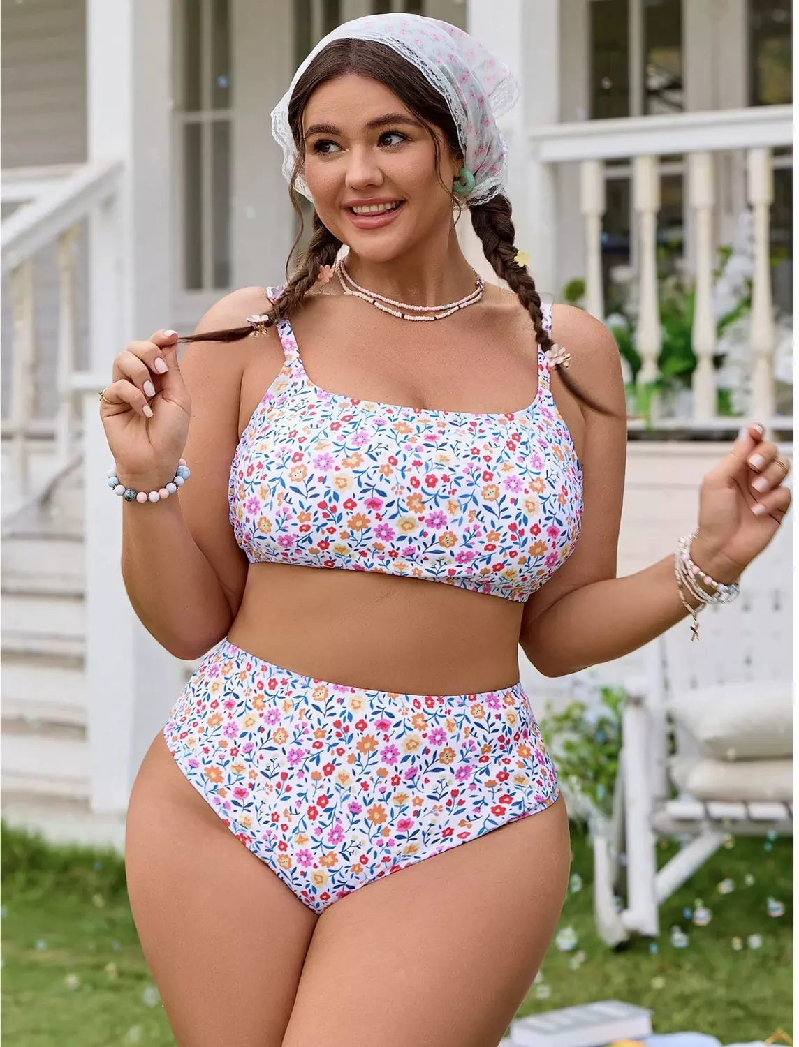Swim Mod Plus Size Women's Ditsy Floral Random Casual Summer Spaghetti Strap Split Swimsuit Set image