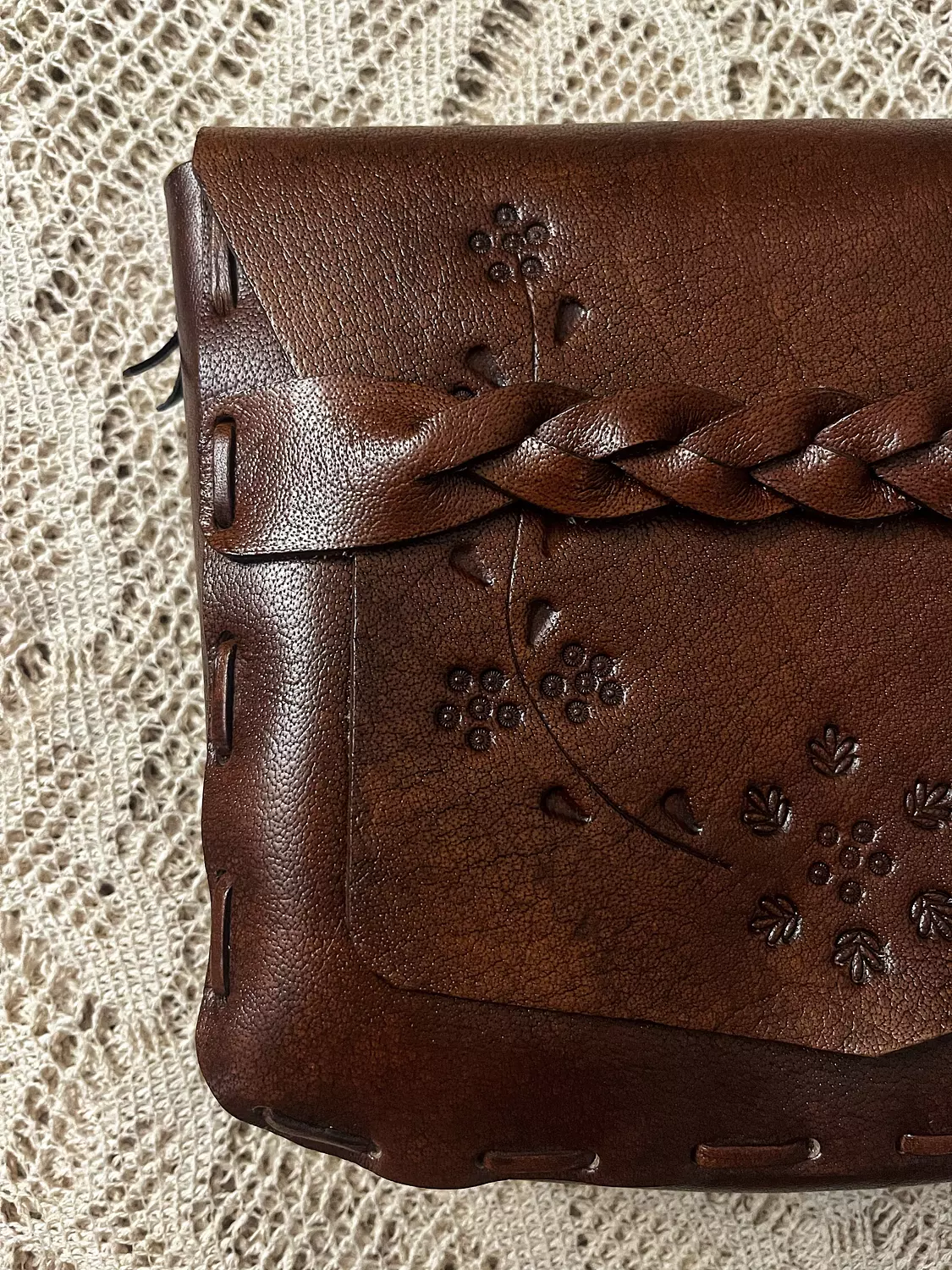 Tooled floral vines - braided strap leather bag 2