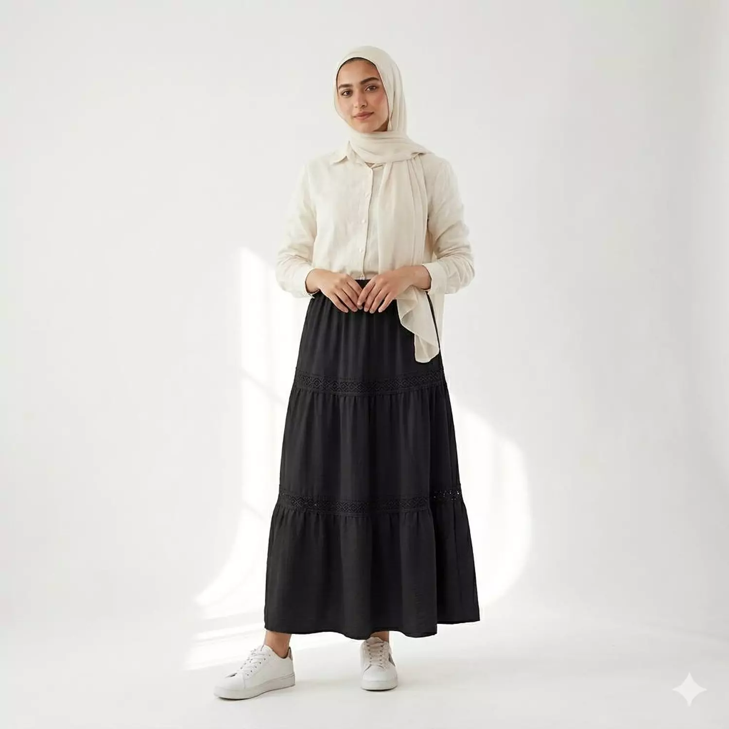 Tiered Skirt Features Delicate Lace Trim linen 5