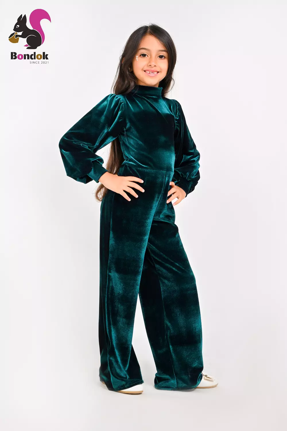 Girls Velvet Jumpsuit, Long Sleeve Wide Leg 16
