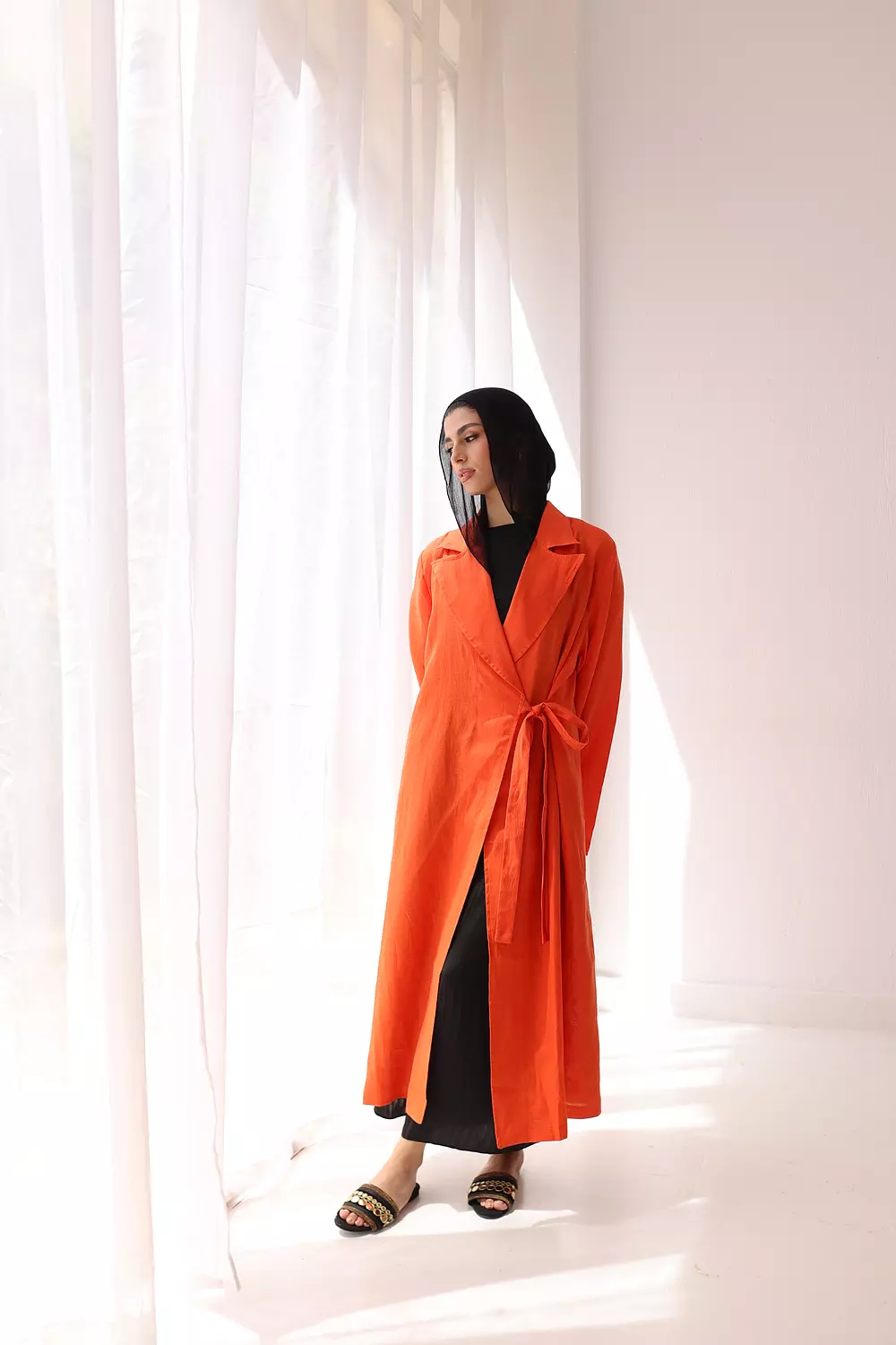 Side- tie linen dress in orange  hover image
