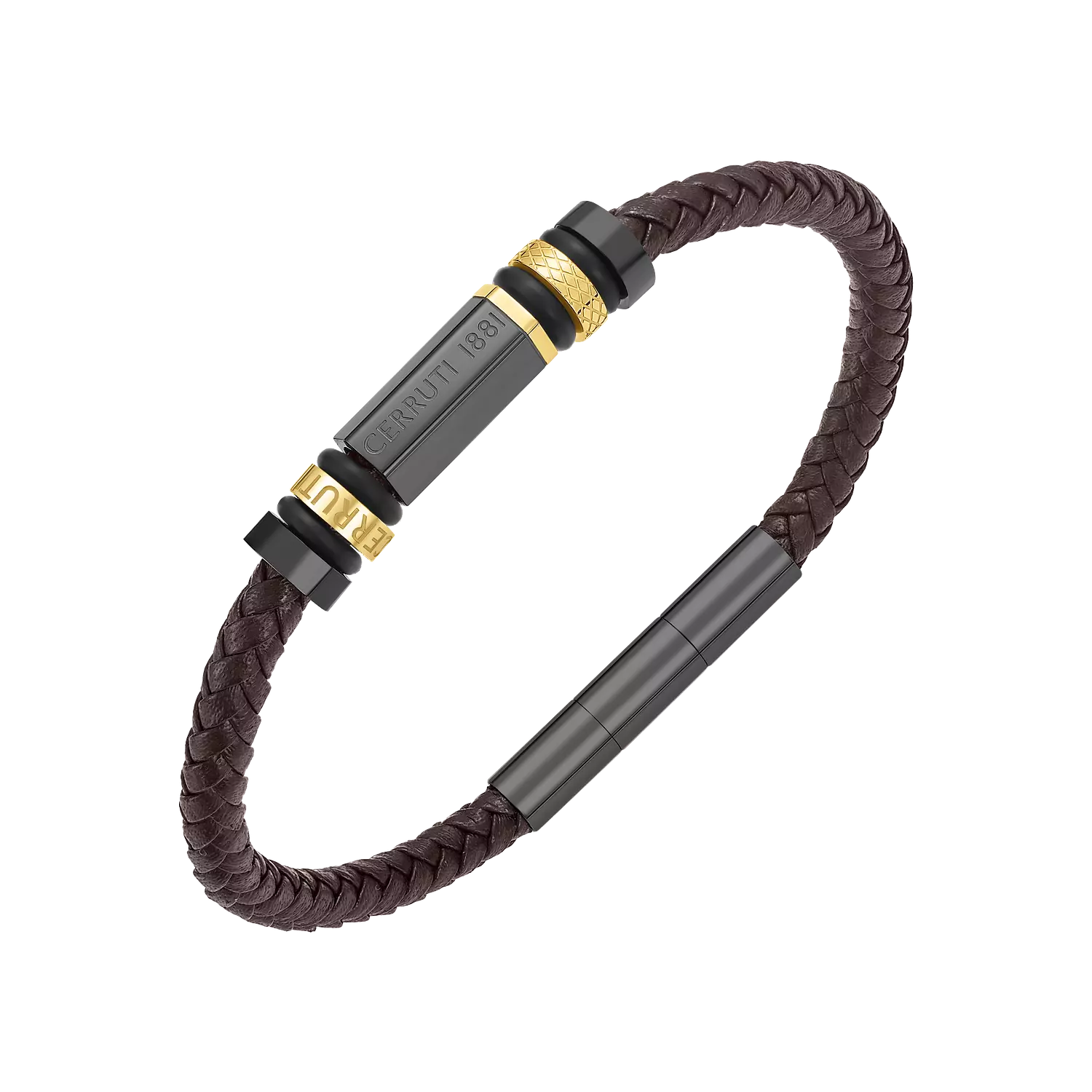 CERRUTI Narciso IP Gun Metal Stainless Steel With Braided Brown Leather Bracelet CIAGB0011903 For Men image
