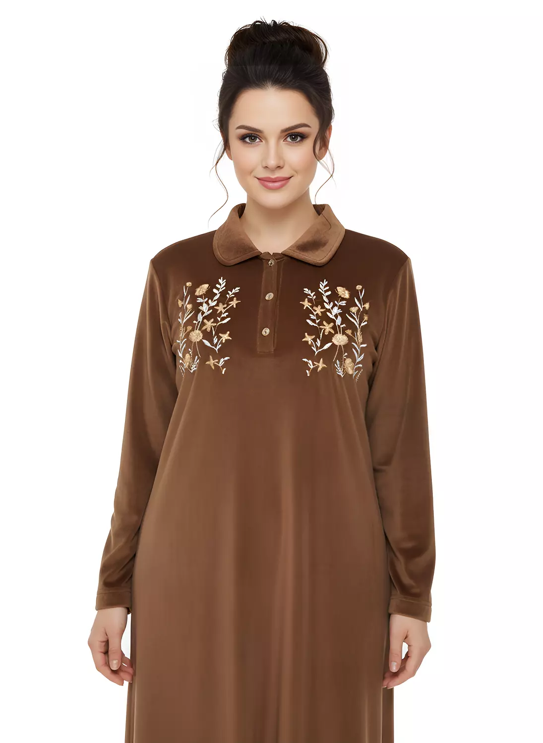 Shorto Collar Fleece Flower Embroidery Nightgown - 2645 - Camel 3