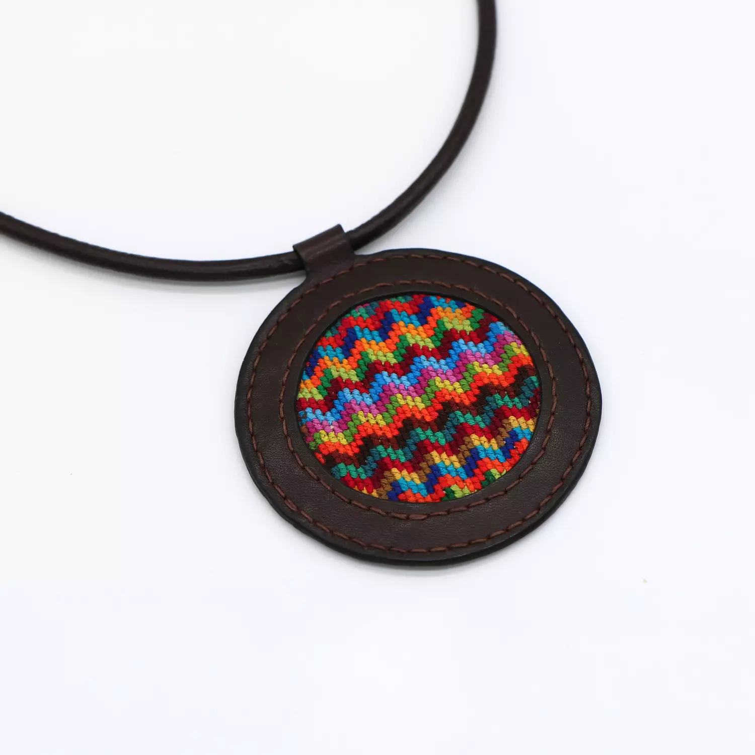 Dark brawn genuine leather necklace with colorful Cross-stitching. image
