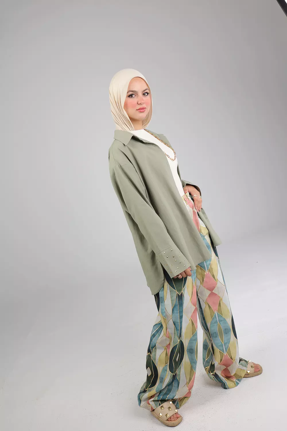 Olive studded linen shirt 5