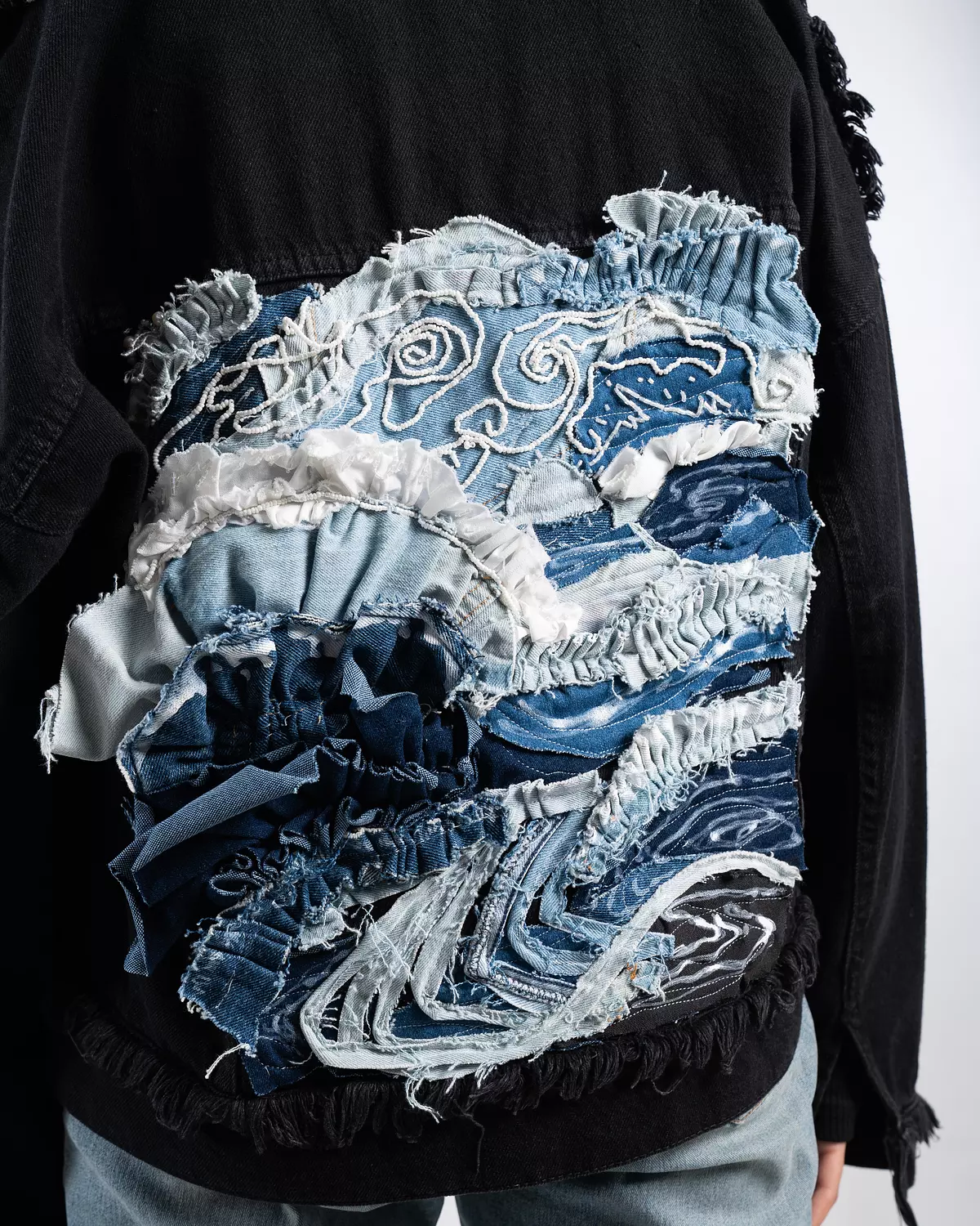 Beyond the blue” fabric collage & hand-embroidered denim jacket “ image