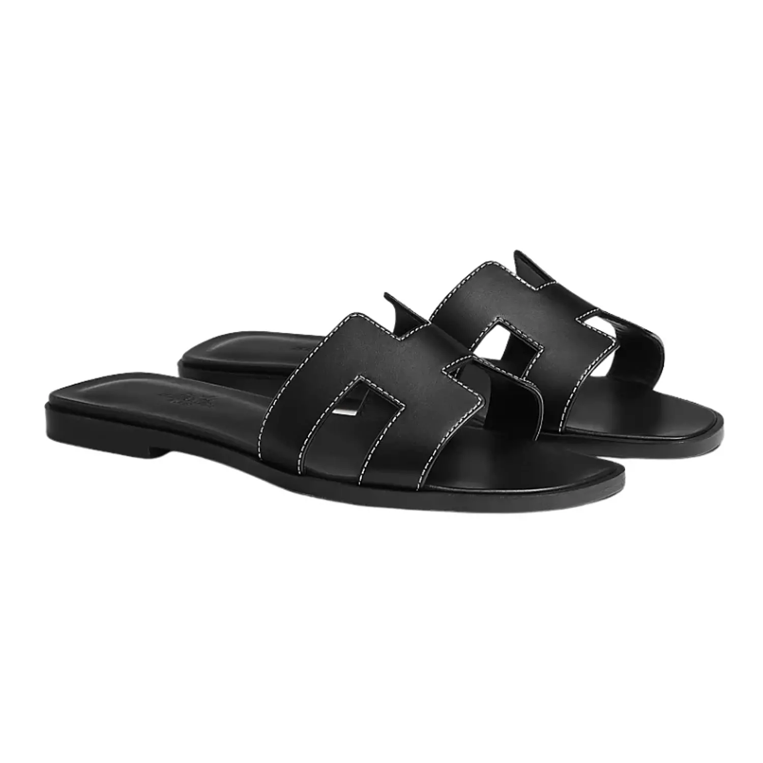 Hermes Oran Sandal Black Calfskin – White Top Stitch Flat Shoes hover image