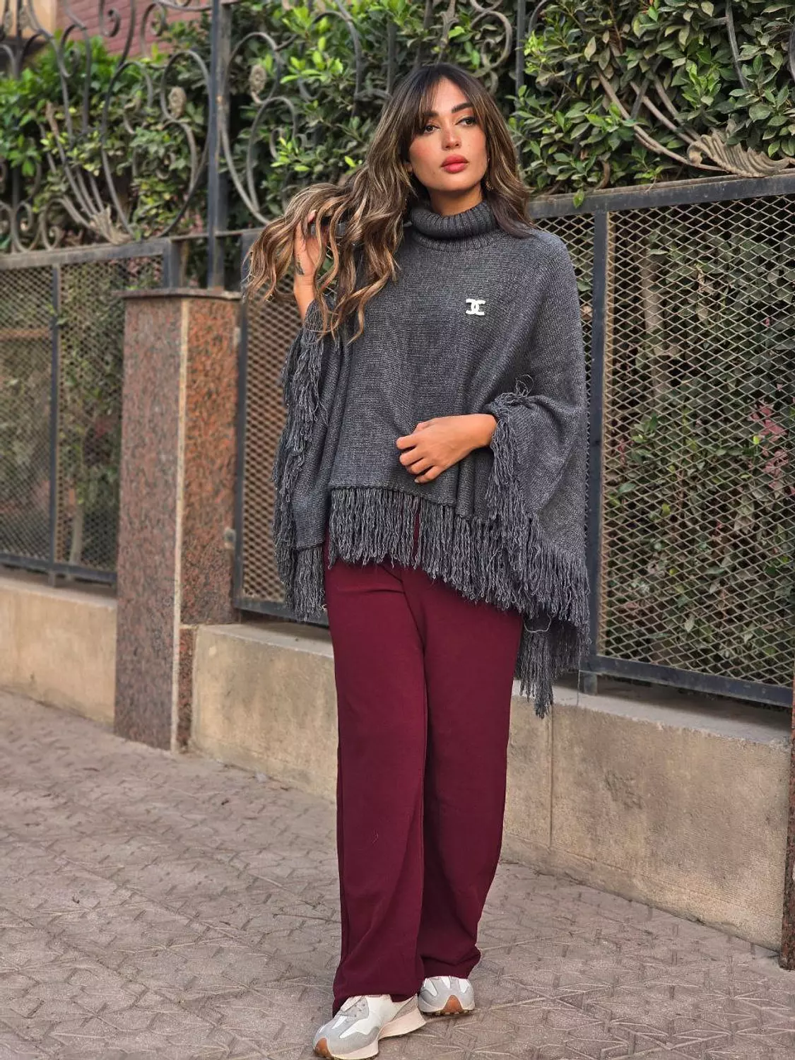 Grey Poncho High Neck With Fringes  image