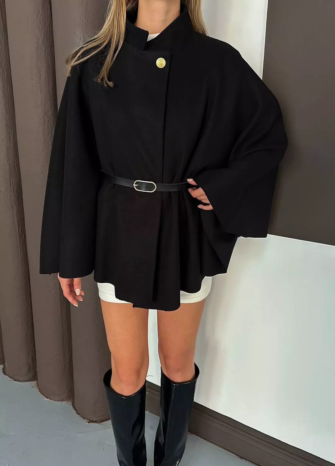 Black Poncho with Gold Button and Black Belt 4
