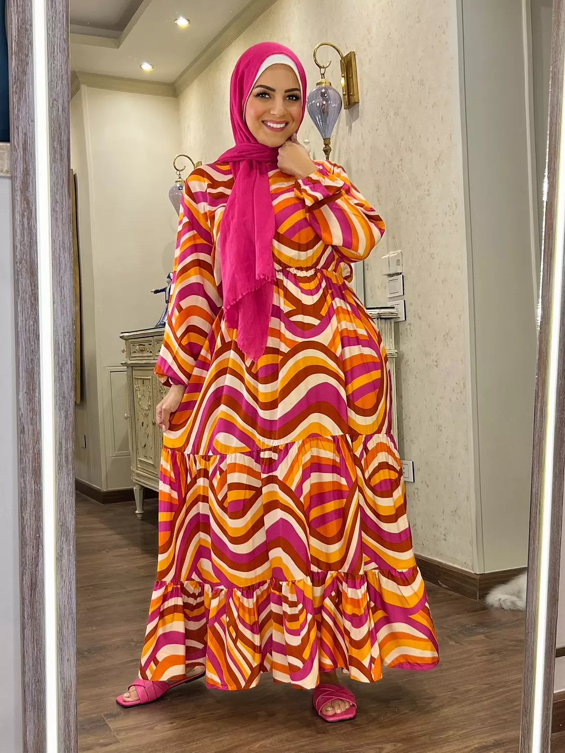 Long Sleeve Waisted Dress -  Fuchsia, Off White & Havan