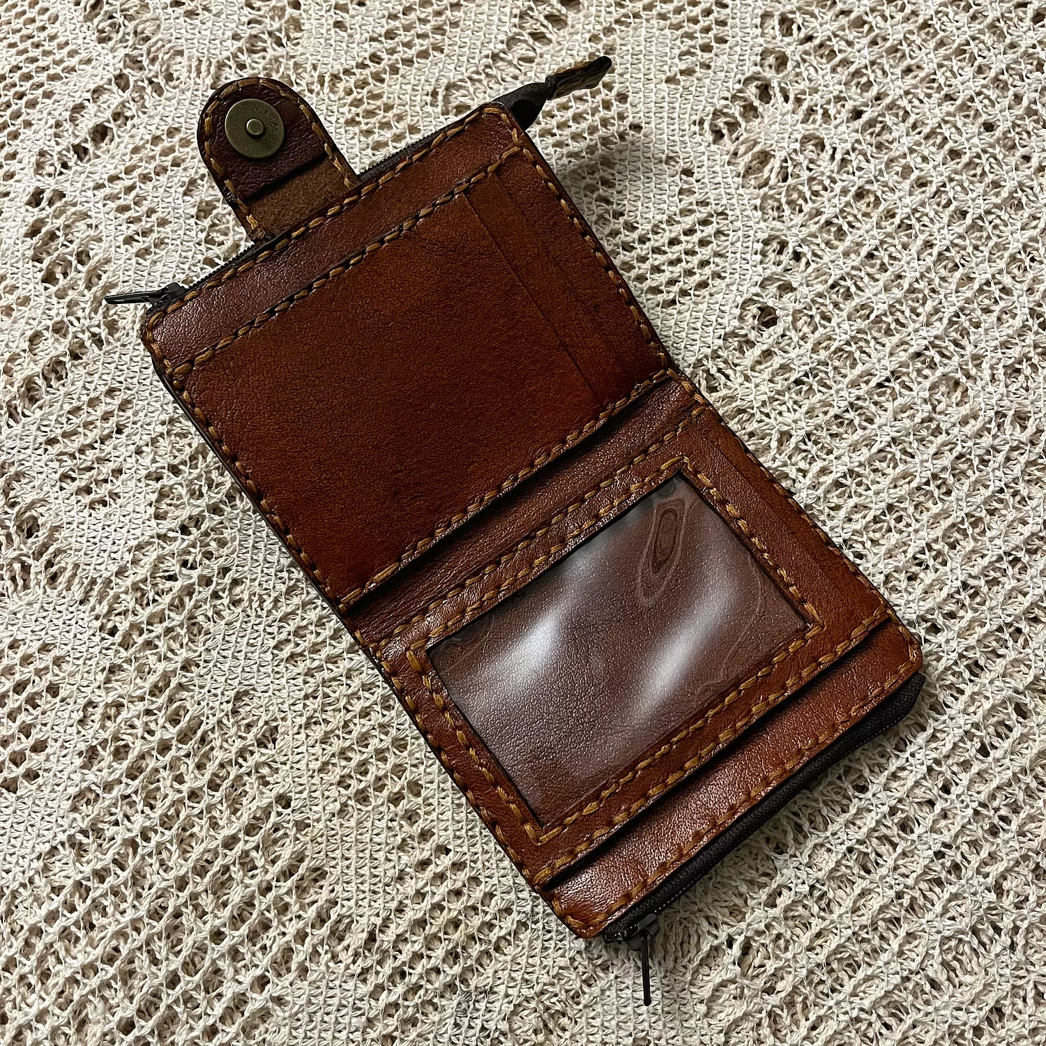 Hand painted yellow-blue flowers leather wallet-flap closure 2