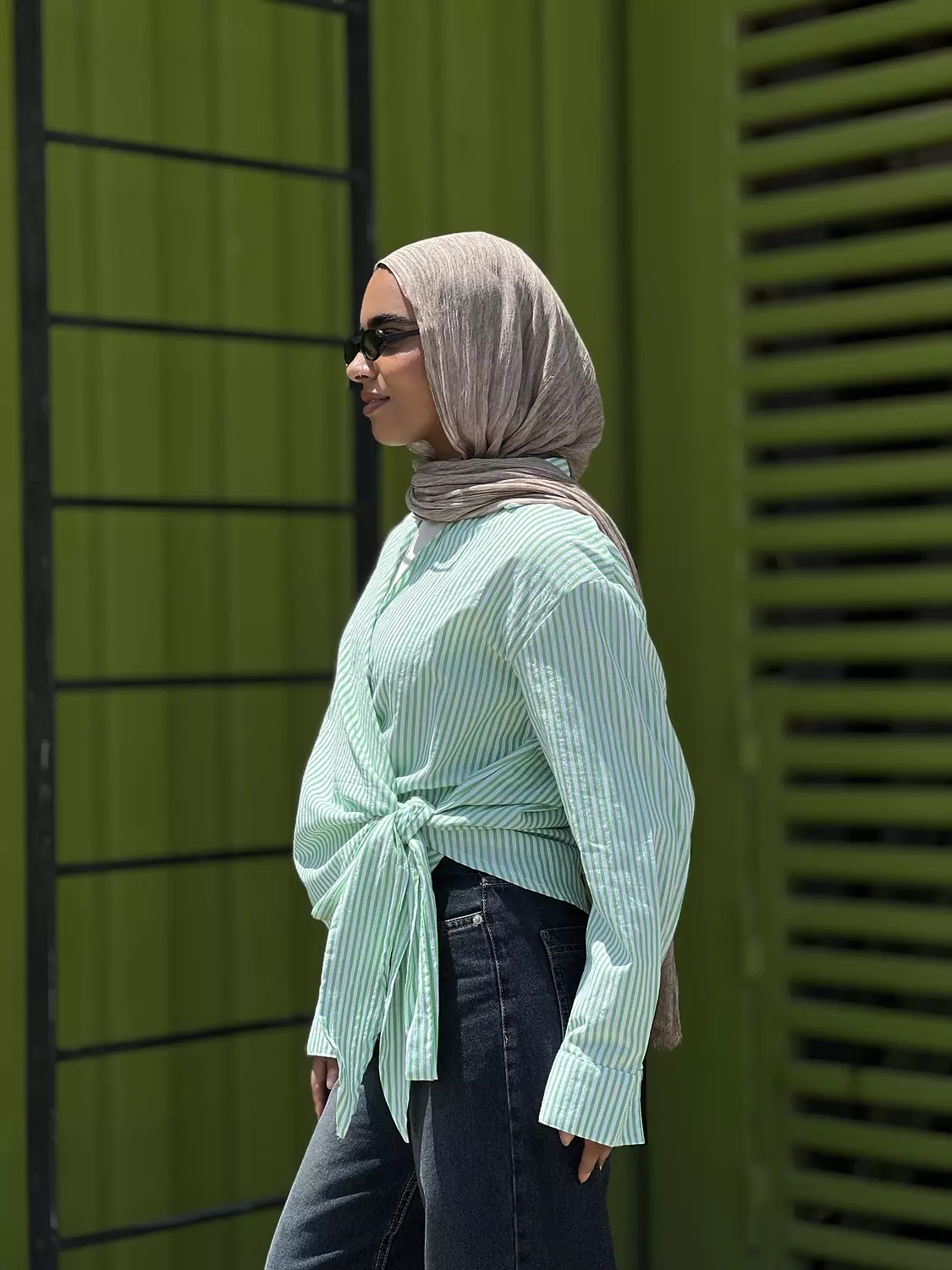 Mint green blouse with white lines 1