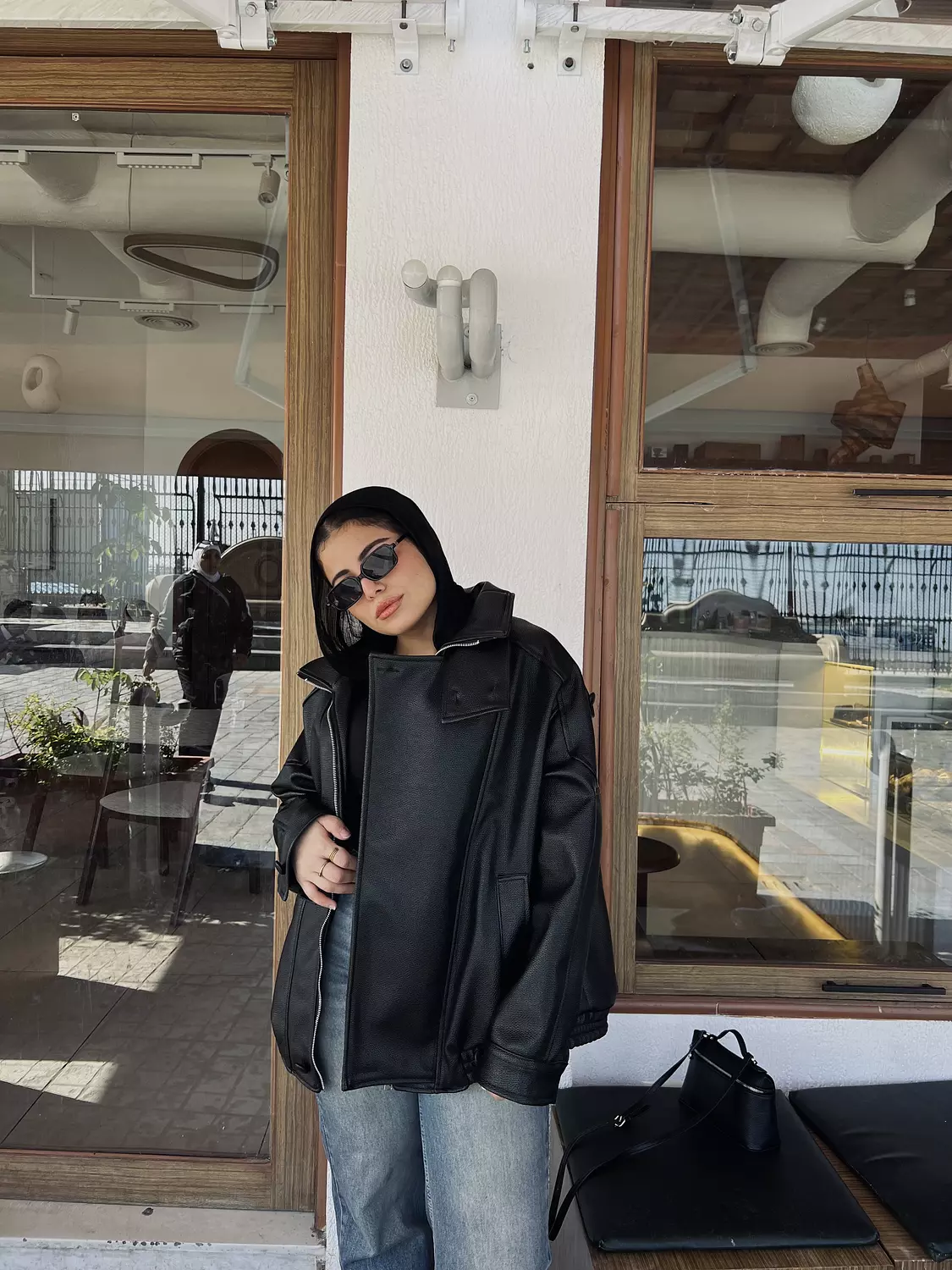 high neck leather jacket hover image