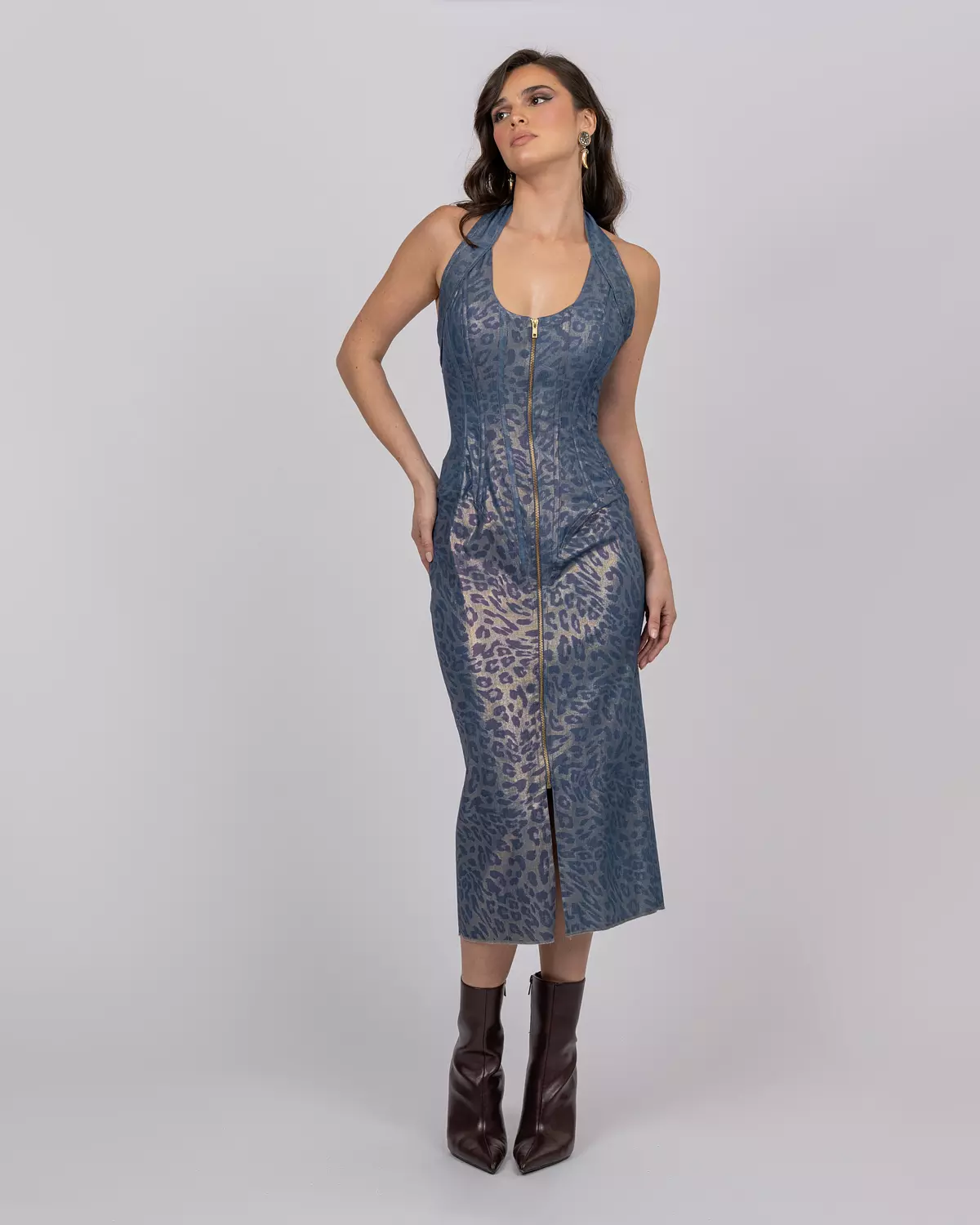 Cotton Denim-Effect Midi Dress with Camouflage Leopard Shimmer image