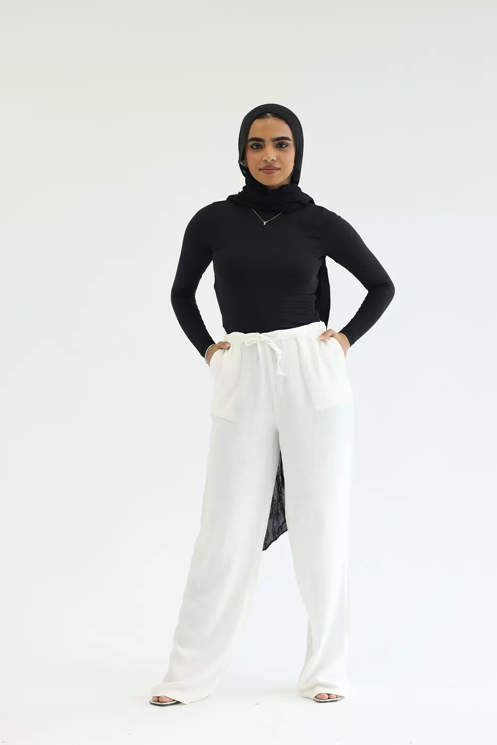 White linen trousers with waistband image
