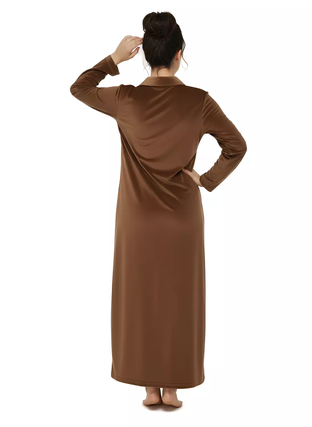 Shorto Collar Fleece Flower Embroidery Nightgown - 2645 - Camel 4