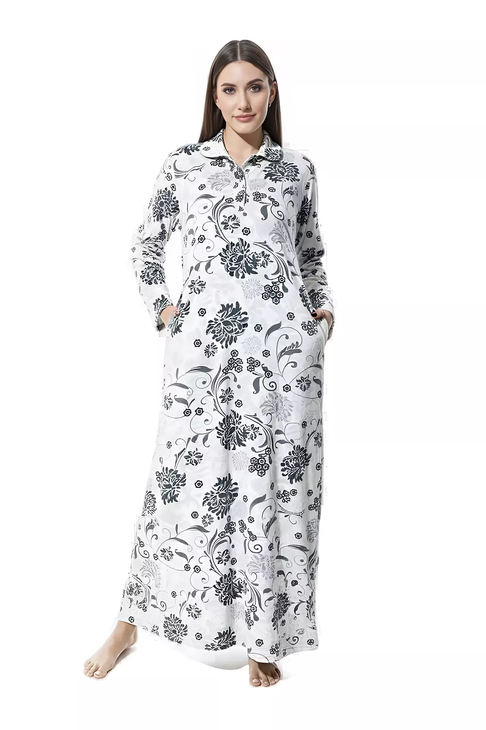 Shorto Women's Collar Fleece Flowers Printed Nightgown - 2647- Petroleum Blue image