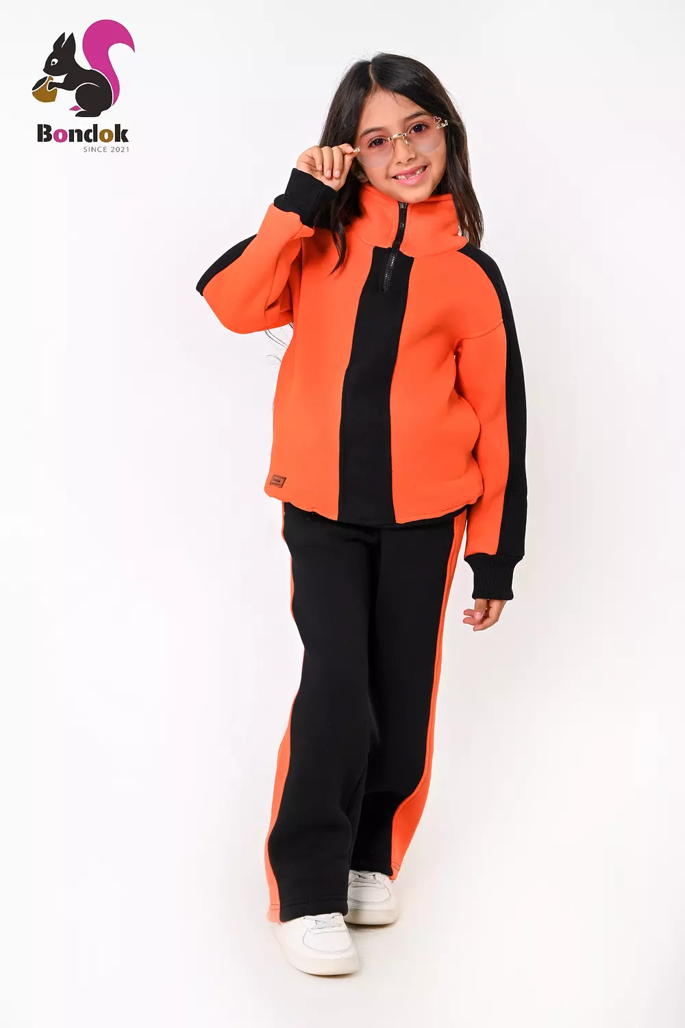 BONDOK Girls’ Winter Black-Strip Tracksuit – High-Neck Half-Zip Sweatshirt & Joggers Set  – Cozy Melton Fleece, Ages 4–14 6