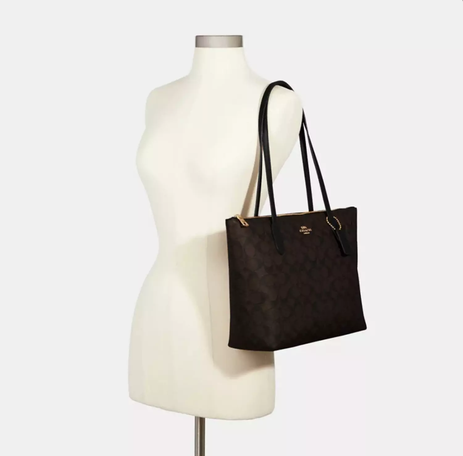 COACH Zip Top Tote Bag In Signature Canvas - Gold/Brown Black 1