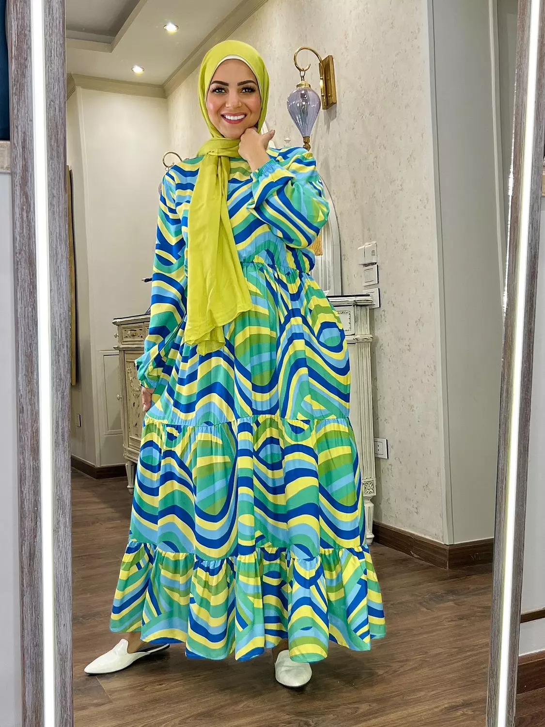 Long Sleeve Waisted  Floral Dress -   Yellow, Blue & Green