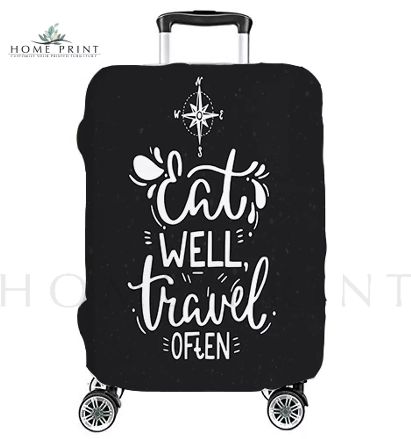 Suitcase Lycra Cover  - Eat well travel often  - black and white  image