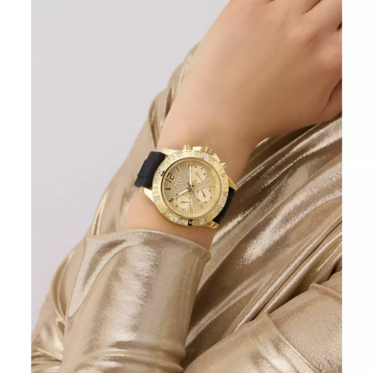 GUESS Ladies Black Gold Tone Multi-function Watch Black Silicone Strap GW0772L5 7