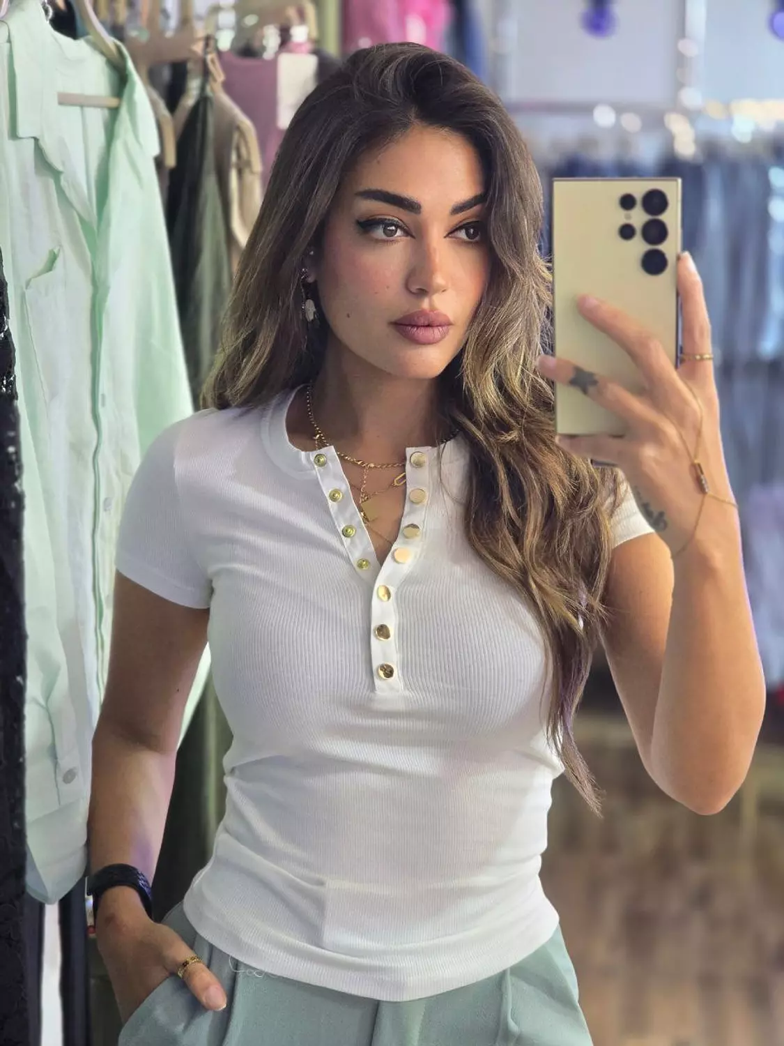 White basic Karol top with gold buttons  image
