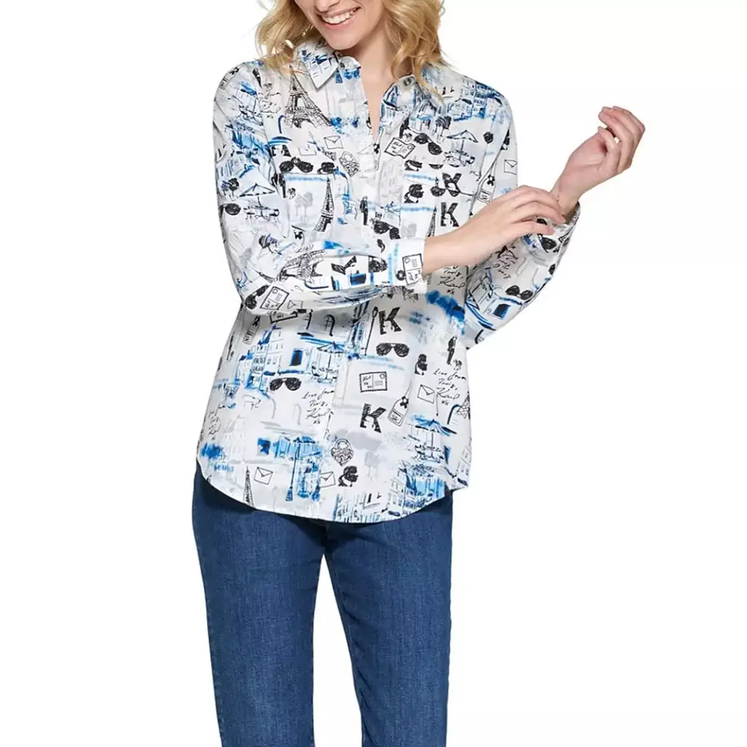 Karl Lagerfeld Paris Women’s Sketch Print Shirt – Blue & Black image