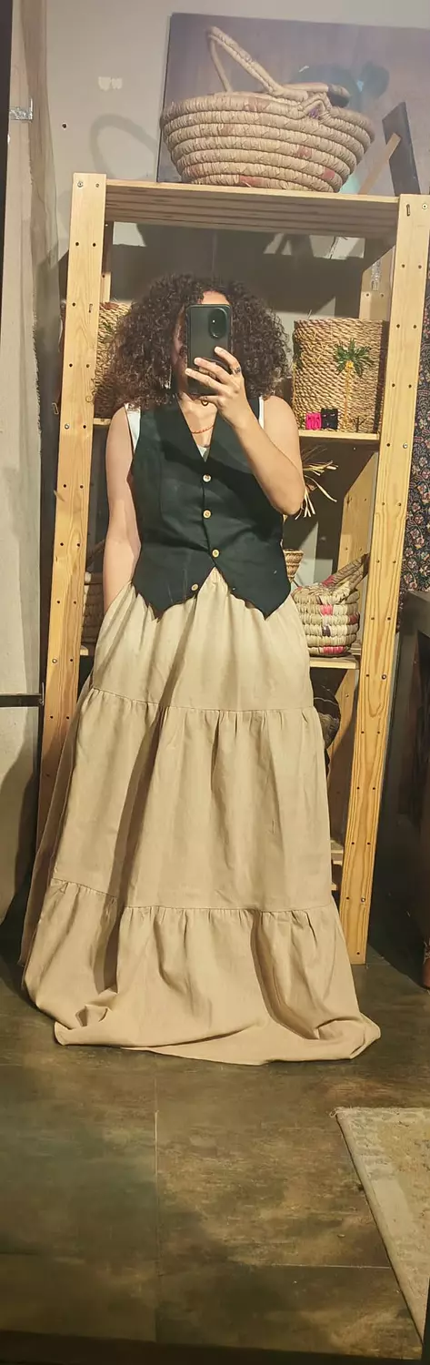 Maxi tiered light beige linen skirt  image