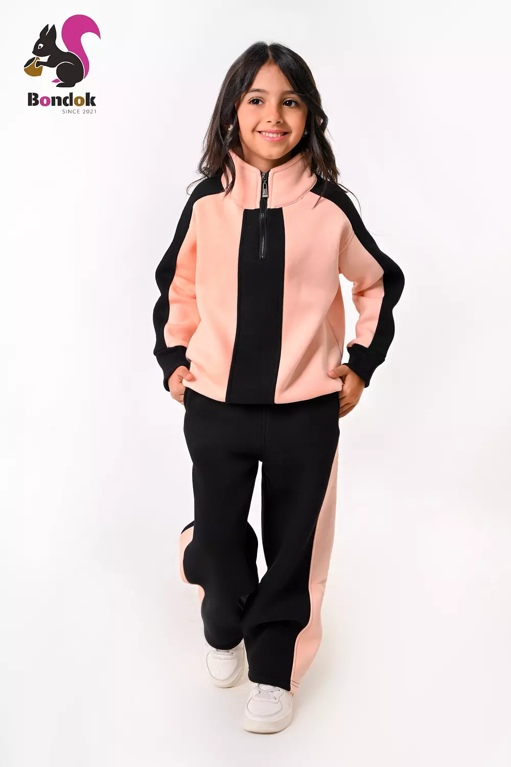 BONDOK Girls’ Winter Black-Strip Tracksuit – High-Neck Half-Zip Sweatshirt & Joggers Set  – Cozy Melton Fleece, Ages 4–14 4