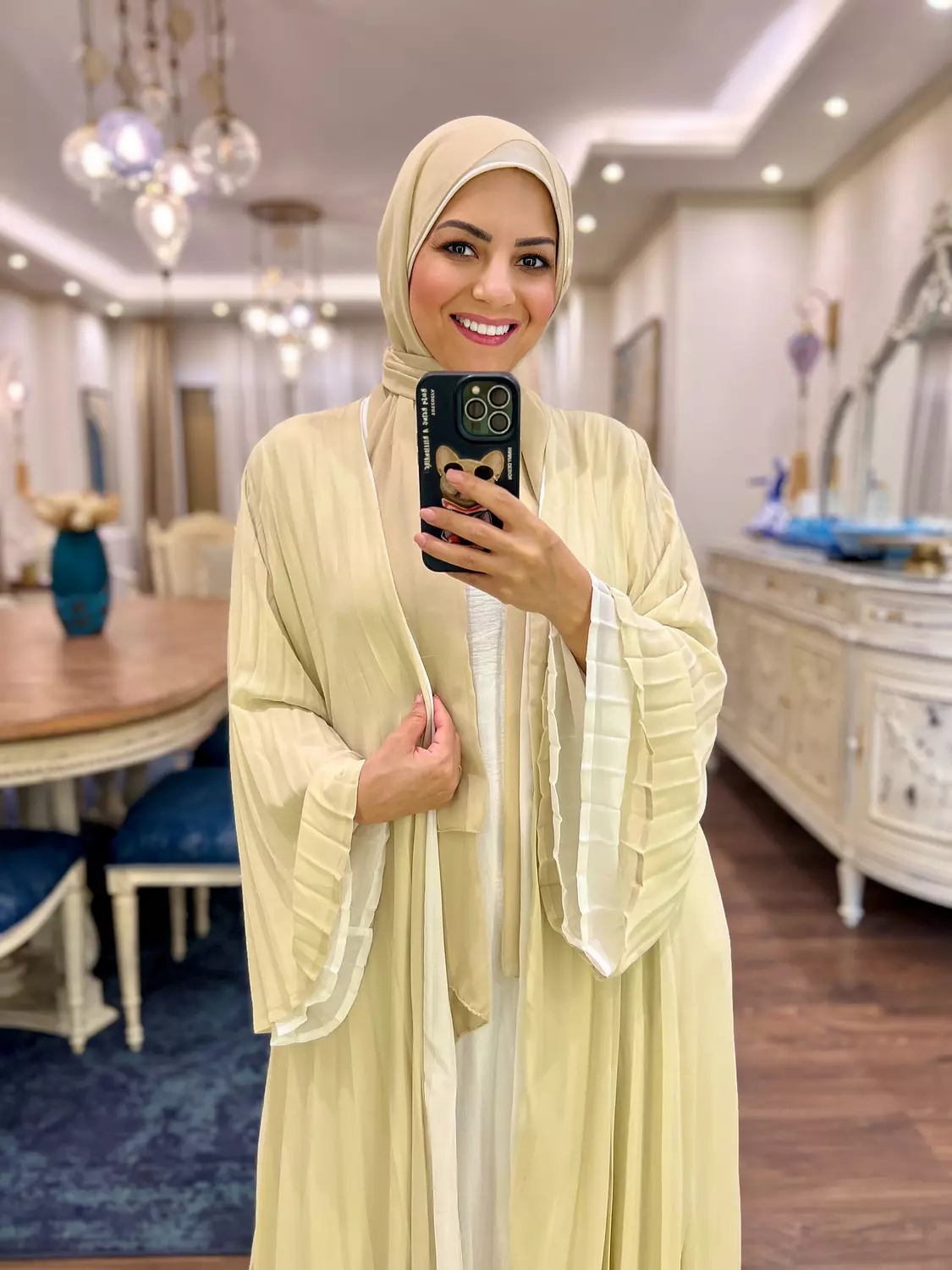 Double-faced Pleated Open Abaya- Off White & Beige 6