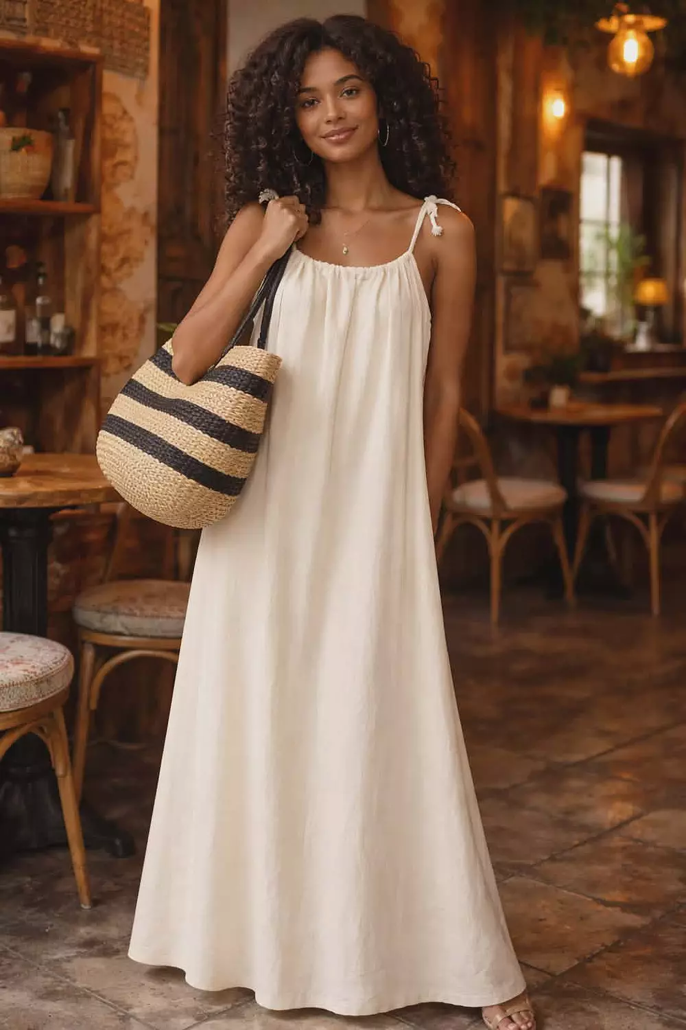 Boho maxi linen strap dress hover image