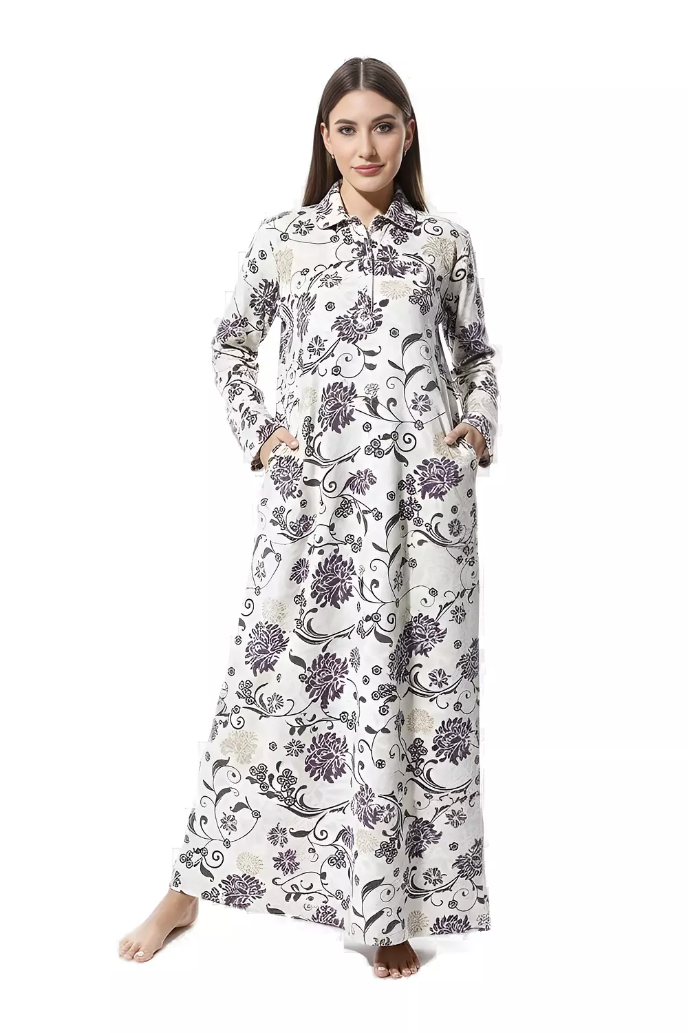 Shorto Women's Collar Fleece Flowers Printed Nightgown - 2647 - Sugar Beige image
