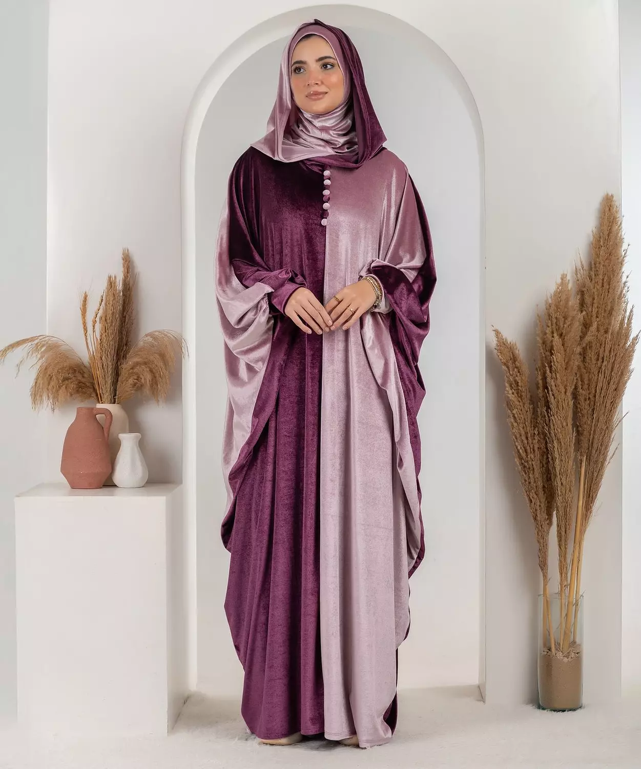 Bicolour Velvet Abaya-Viloet/Taffy 3