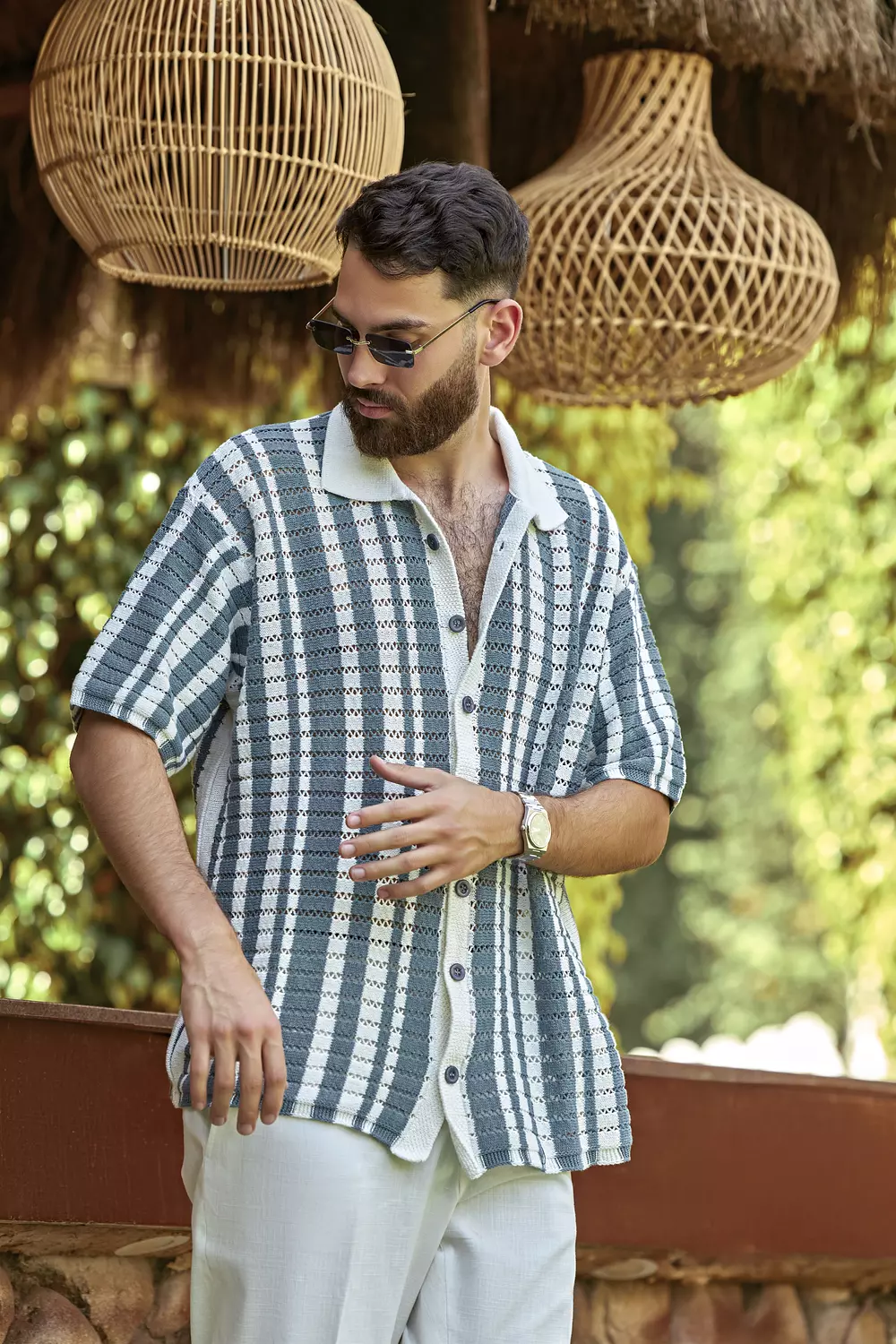 Retro Striped Crochet Button-Up Shirt 1