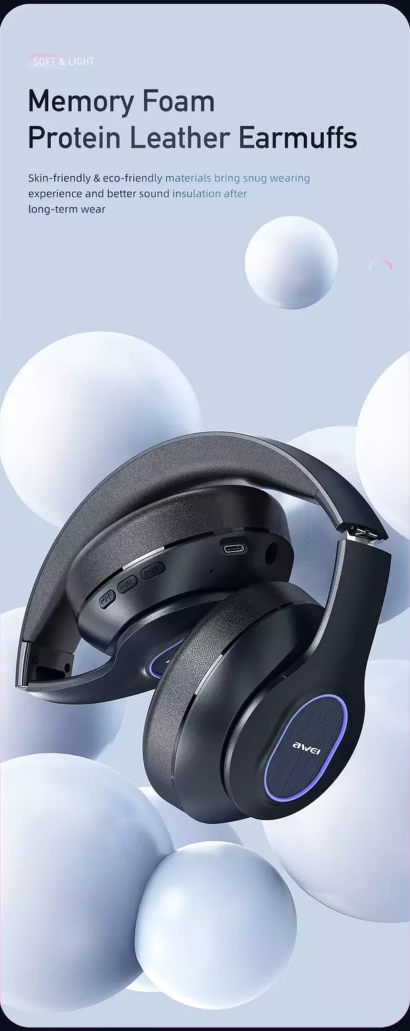 AWEI A100BL Wireless Stereo Headphones, Bluetooth 5.3, FM Radio, Powerful Sound 7