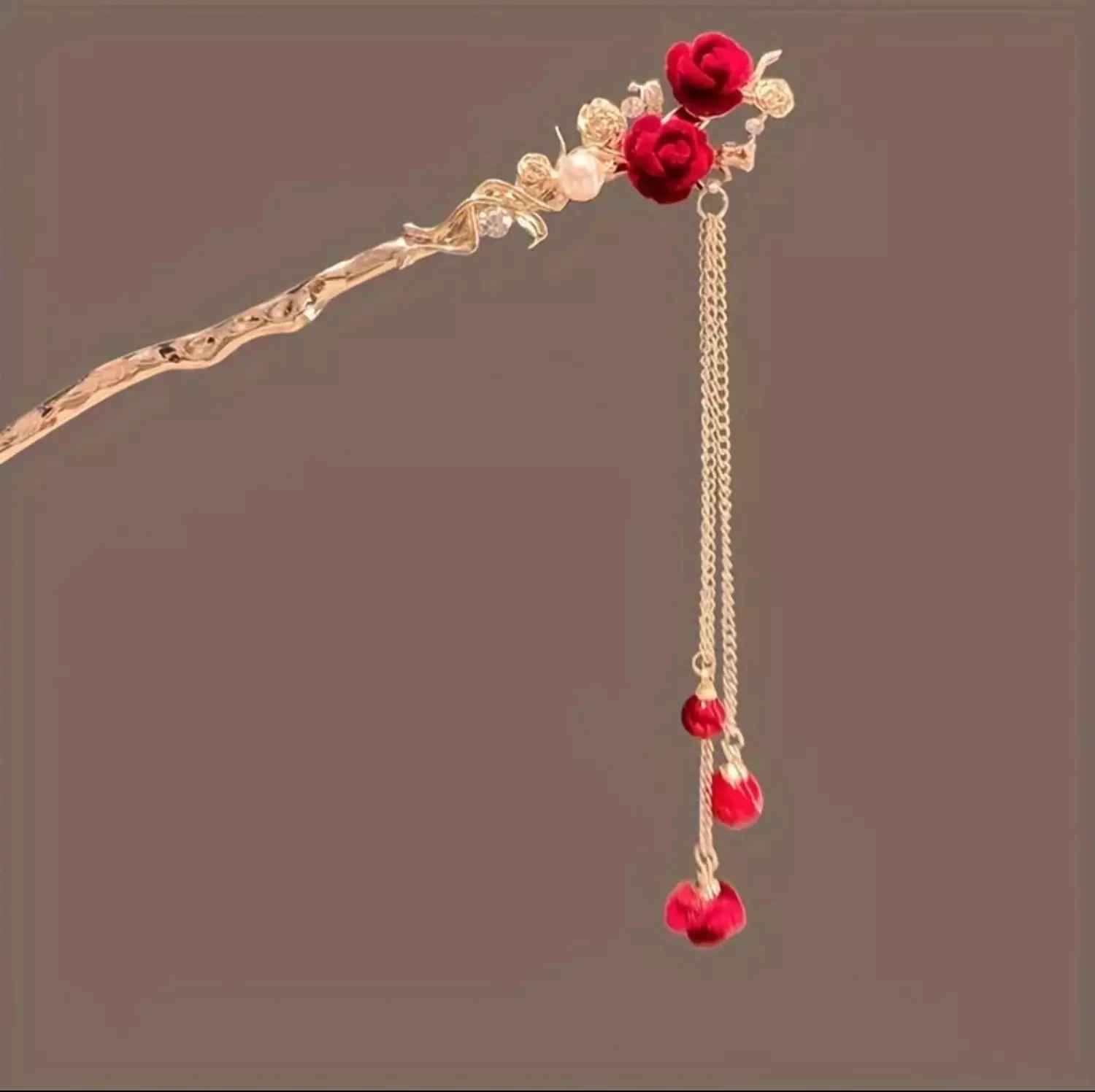 Chinese Red Rose Hairpin 2