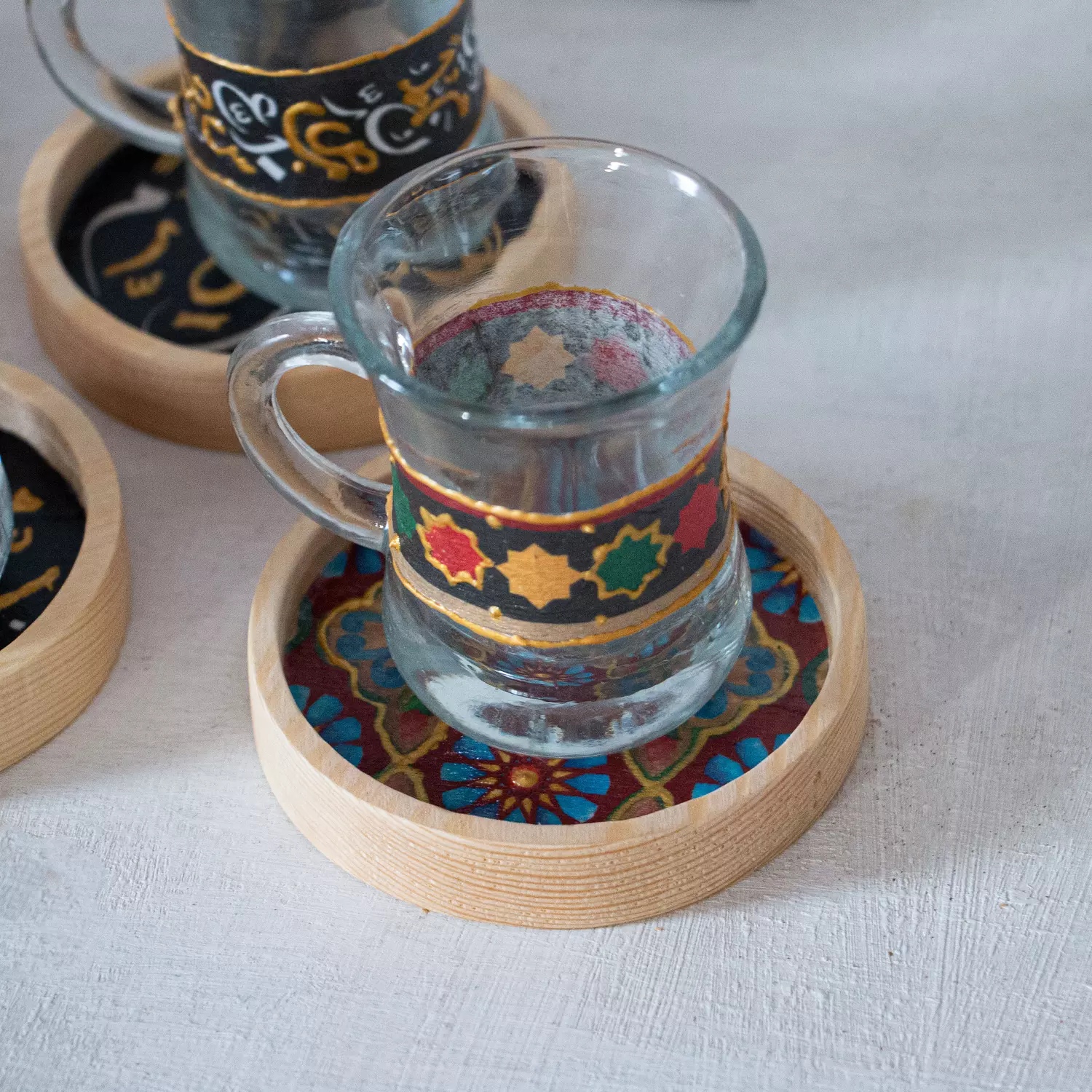 Arabesque Glass Cup Wooden Coaster - Per Piece image