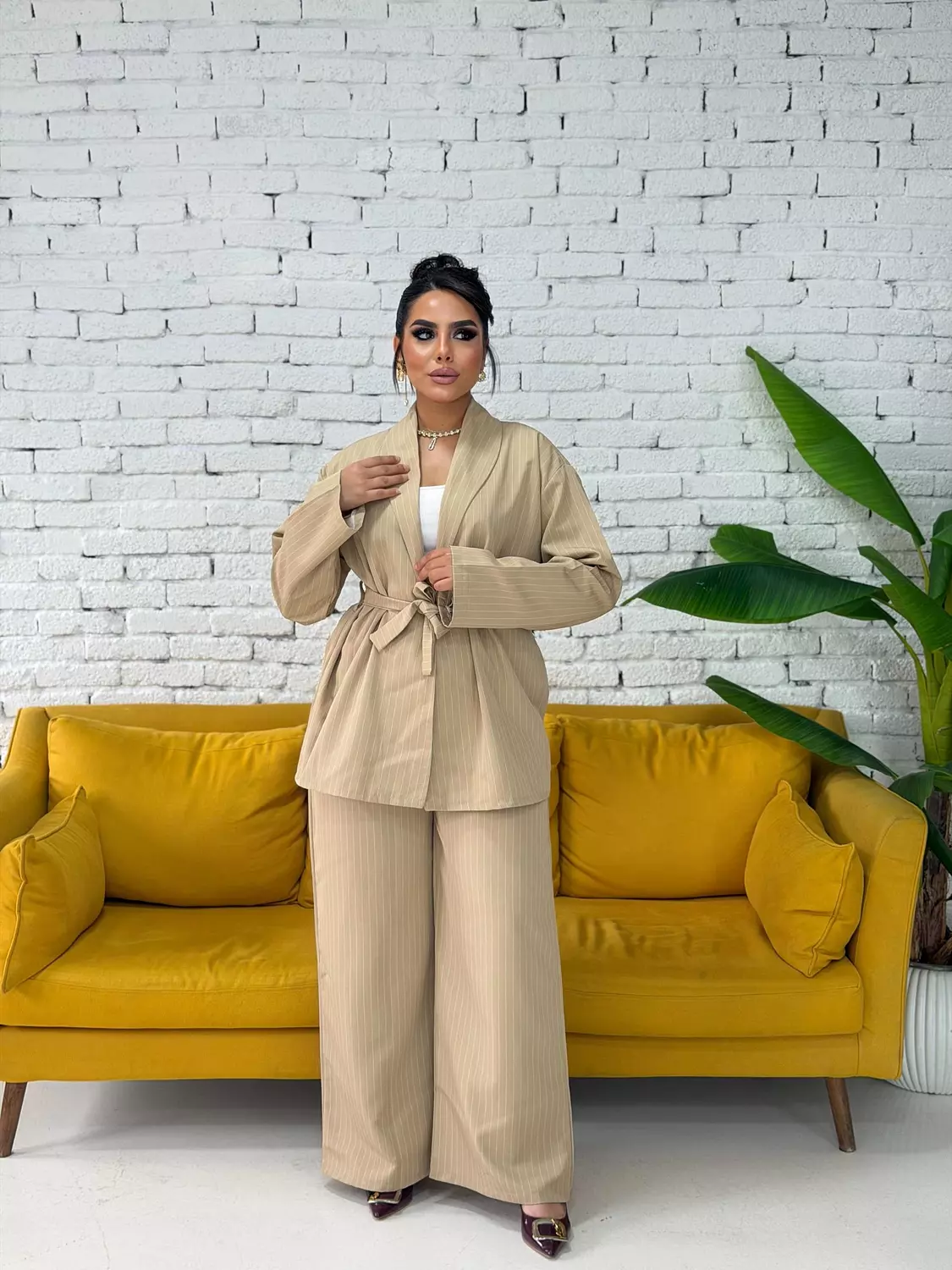 Contour Pinstripe Set in Beige hover image