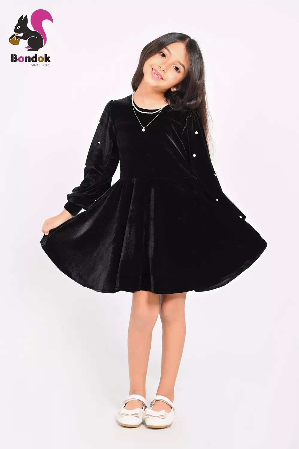 Loly Girls Velvet Dress with Pearl Details, (Red, Navy Blue, Emerald Green, Deep Fuchsia and Black) 3