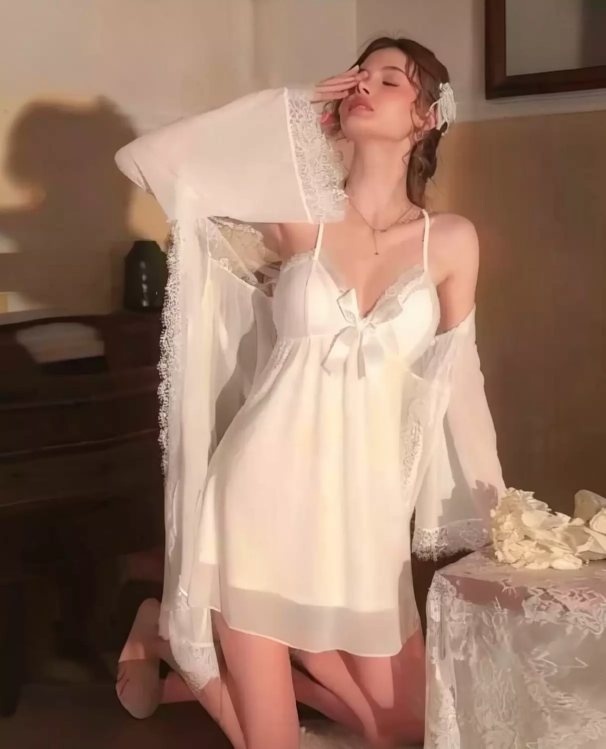 Lace Trim Sleep Dress with Robe image