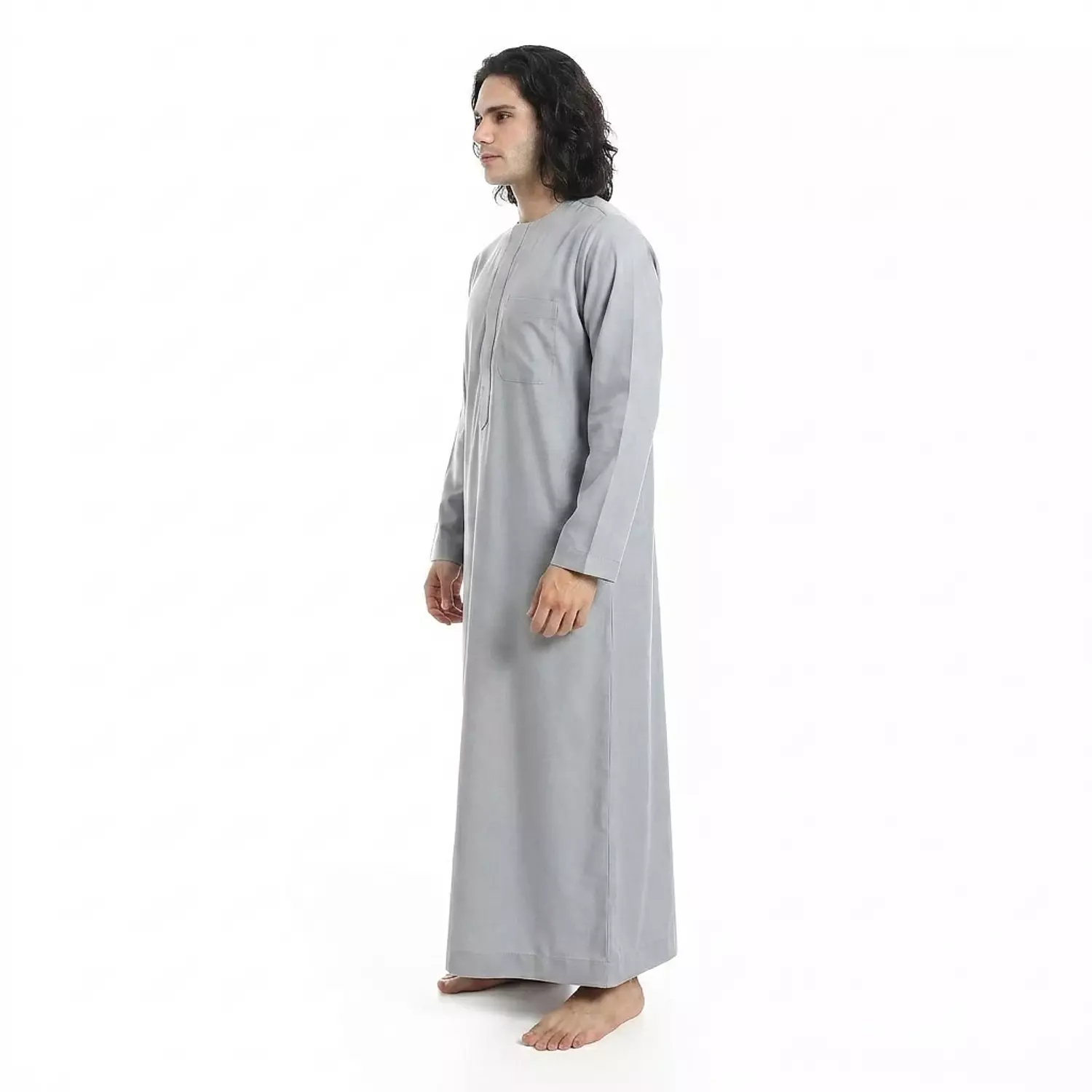  جلابيه رجالي كم طويل - قطن - 2590 - رمادي فاتح 2