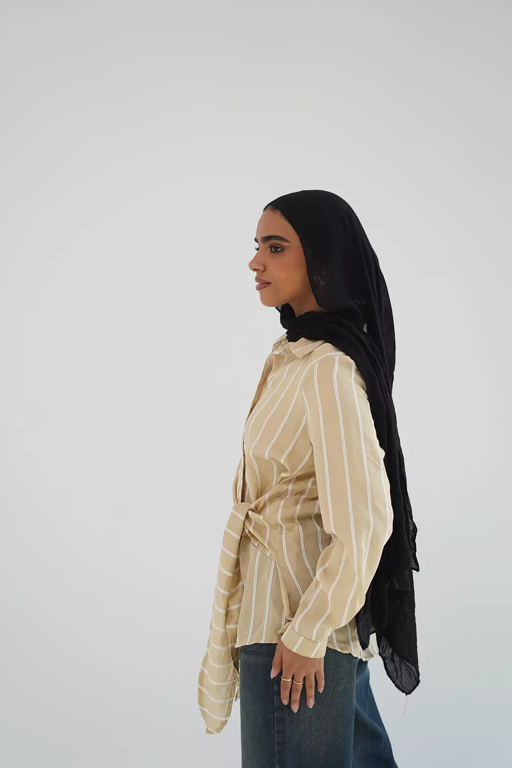 Beige long striped shirt with side tie -2nd-img