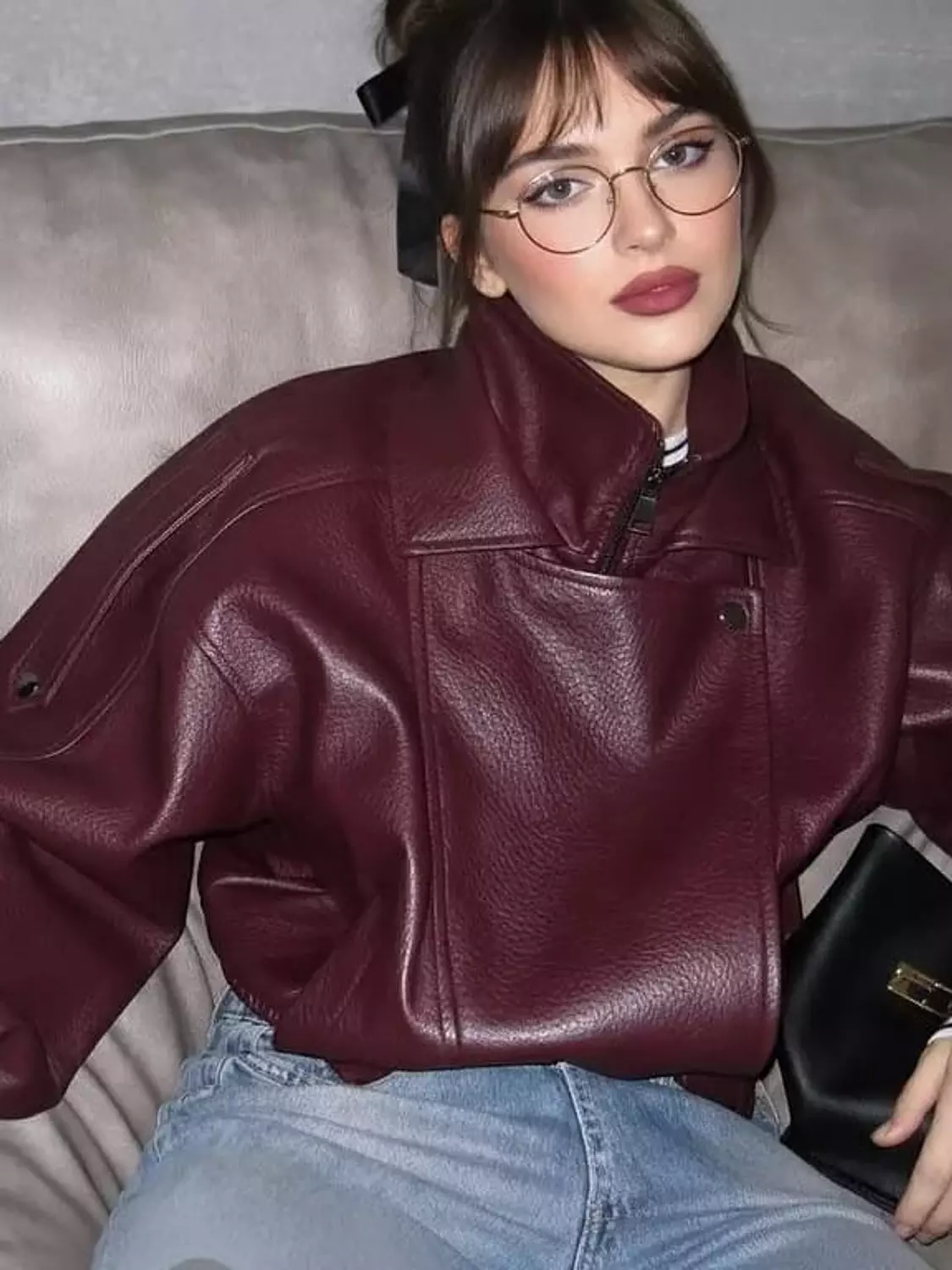 Zipper Collar Leather Bomber  12