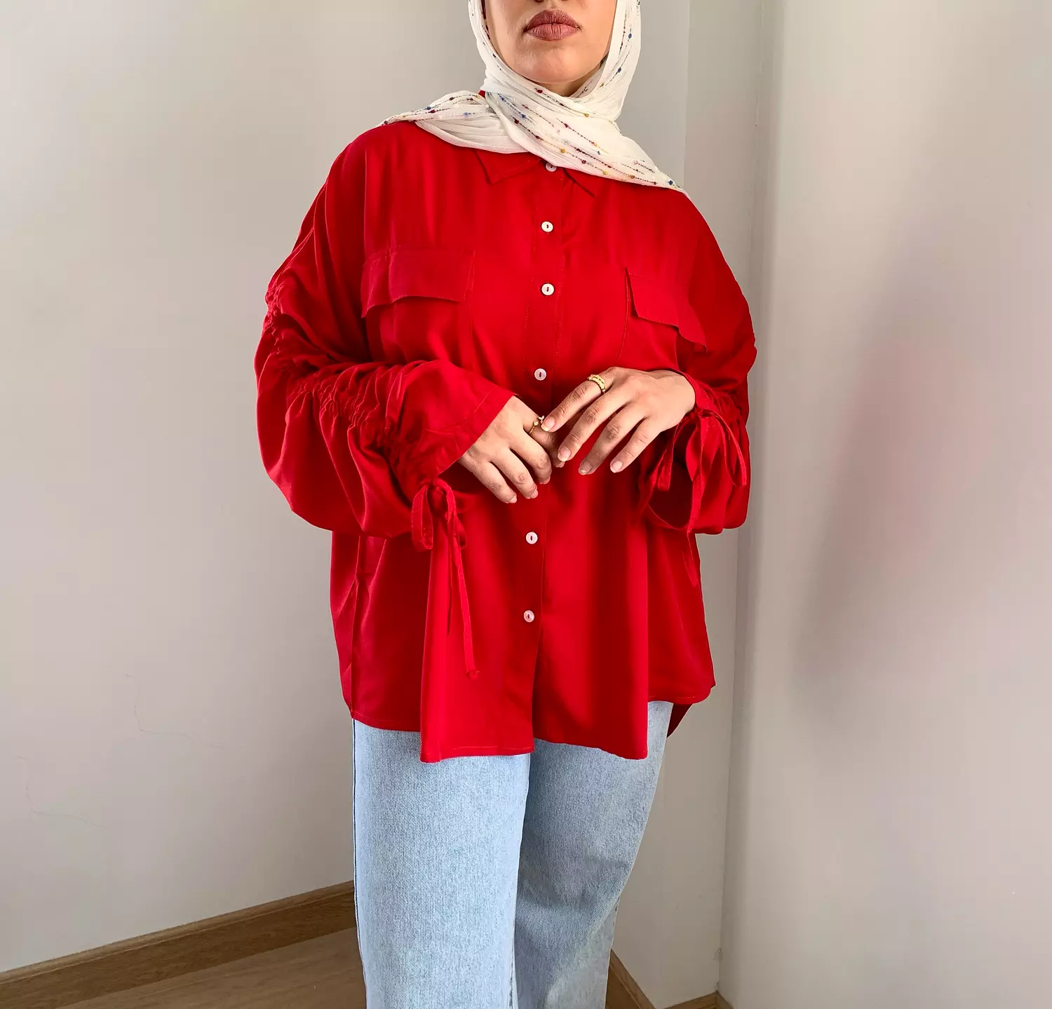 Drawstring sleeves blouse in Red 2