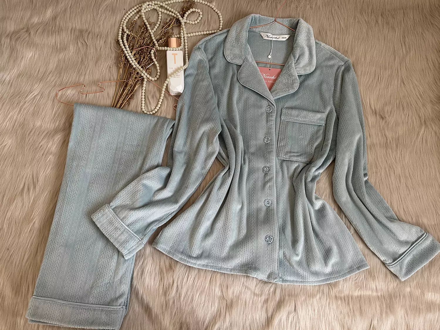 Powder Blue Velvet Jacquard Pajamas 3