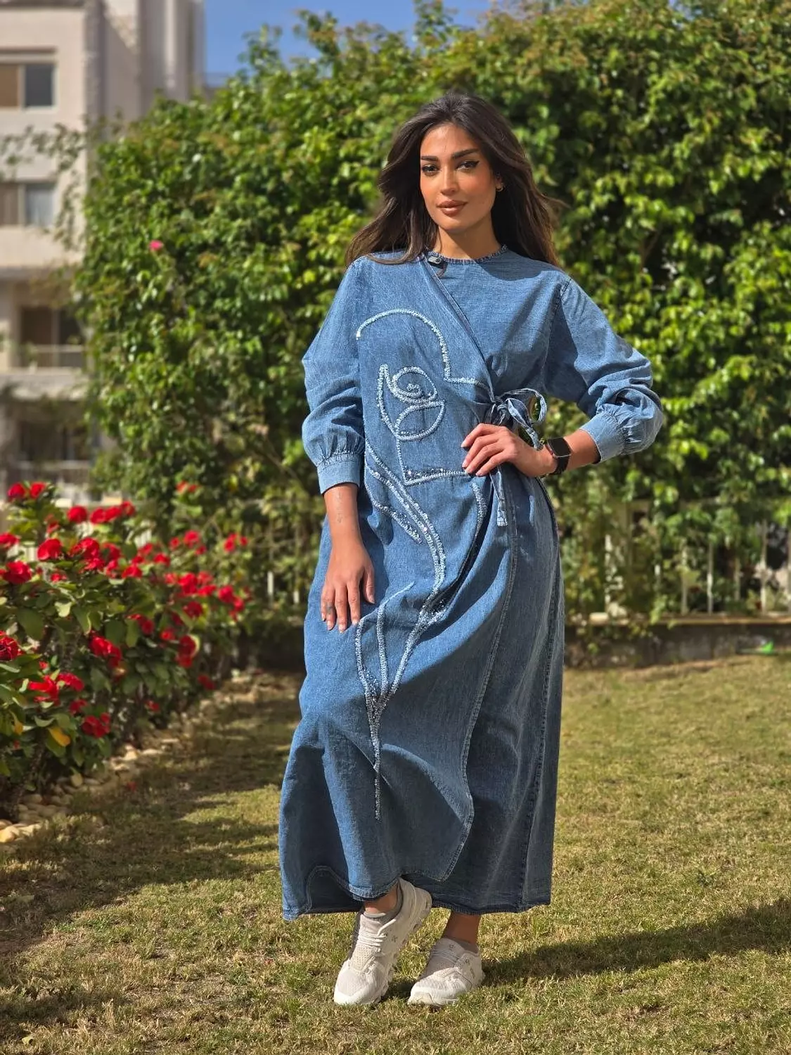 Floral denim dress with side tie 2