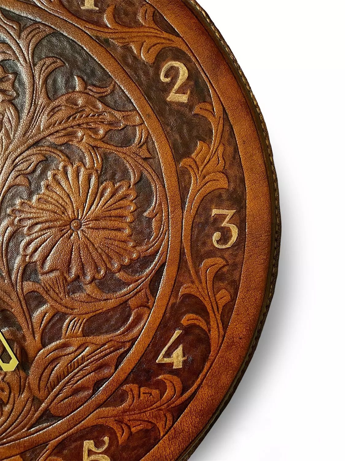 Tooled floral leather wall clock with numbers 2